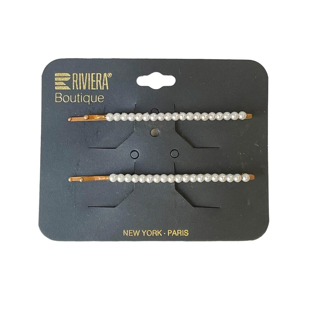 Riviera Boutique NY Paris Set of 2 Faux Pearl Bobby Hair Pins New on Card